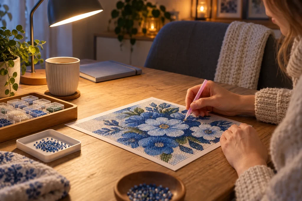 Iemand legt een diamond painting aan een verlichte tafel