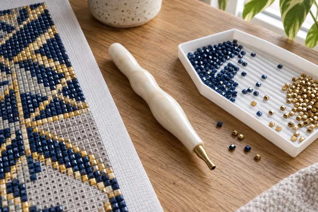 Diamond-paintingpen met holle metalen punt naast navy en goudkleurige steentjes