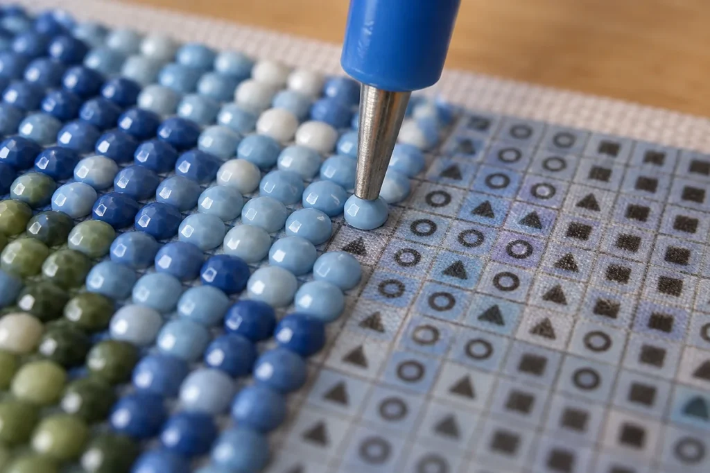 Pen plaatst een rond steentje met de vlakke onderkant op het canvas