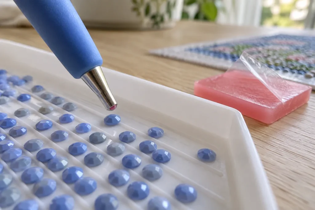 Penpunt met een kleine hoeveelheid wax naast roze wax en ronde steentjes