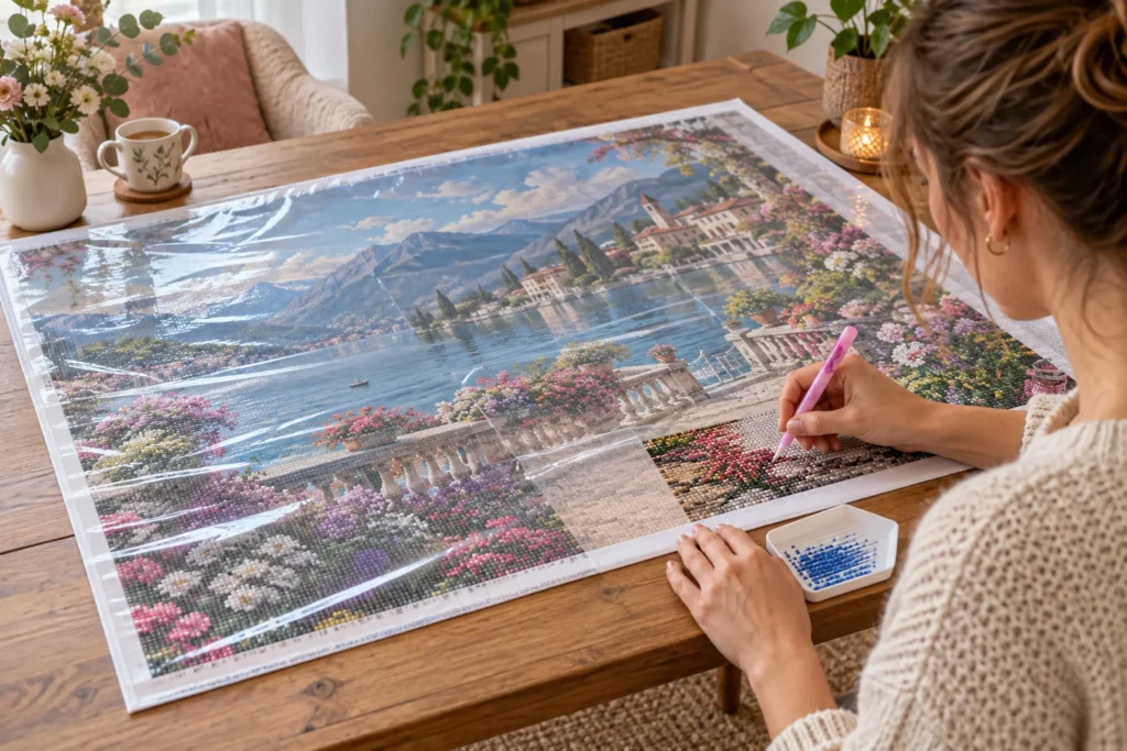 Een groot canvas vlak ondersteund op een tafel