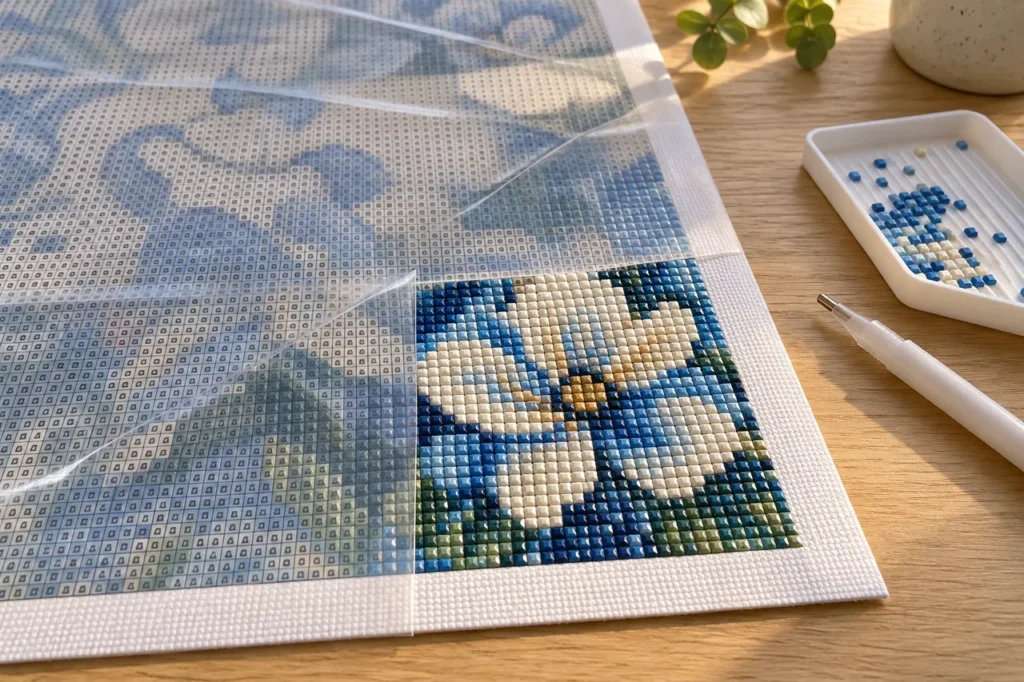 Beschermfolie is op een klein deel van het canvas teruggevouwen