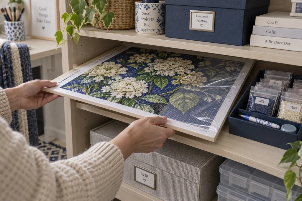 Illustratie van een beschermd canvas op een stevige plaat in een opbergvak