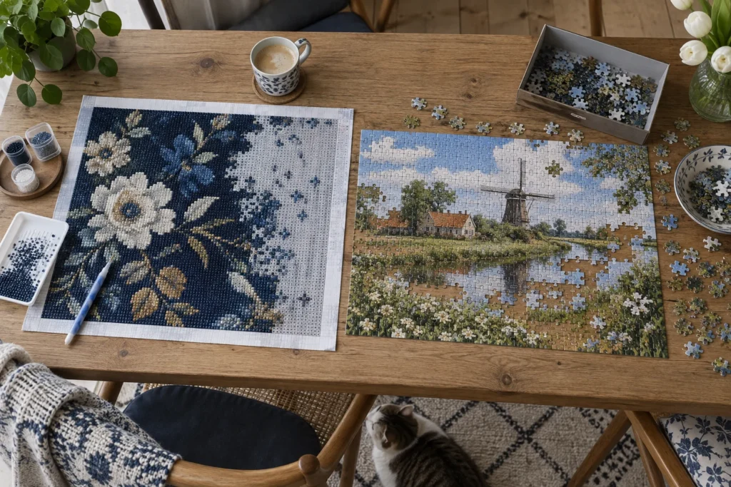 Illustratie van een legpuzzel en diamond painting naast elkaar op tafel