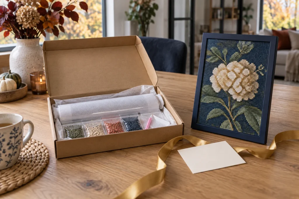 Illustratie van een ingepakt hobbycadeau naast een ingelijste diamond painting