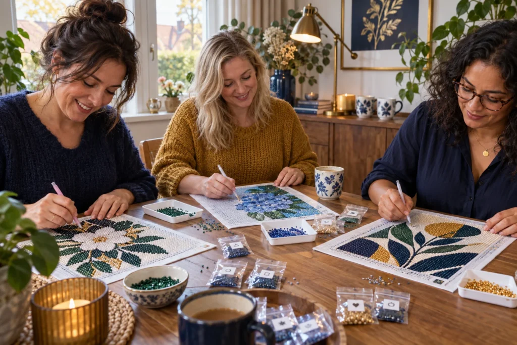Illustratie van drie volwassenen die samen aan hun eigen diamond painting werken