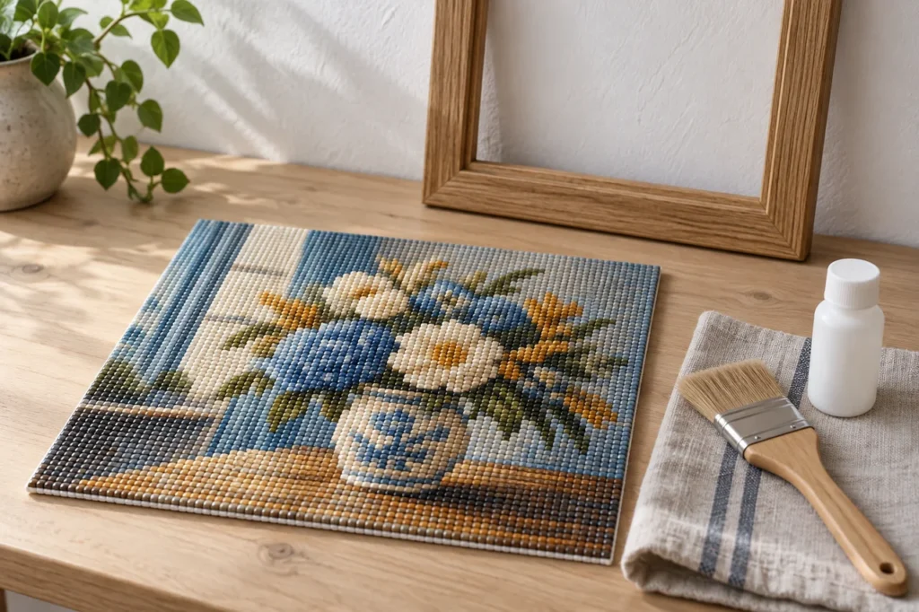 Afgeronde diamond painting met kwast en afwerkproduct naast een lijst