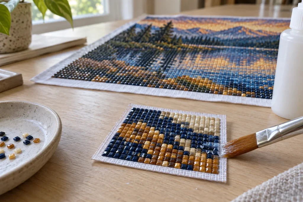 Kwast brengt een afwerklaag aan op een klein diamond-paintingproefstuk