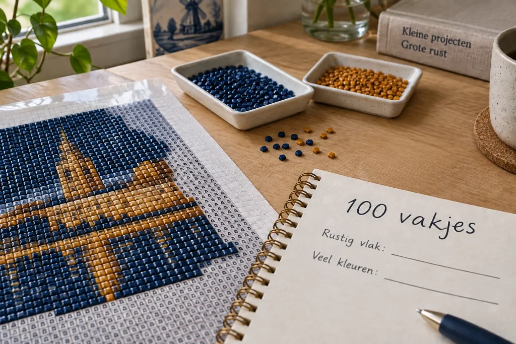 Illustratie van een klein deelvlak naast een notitieboek op een diamond painting werktafel