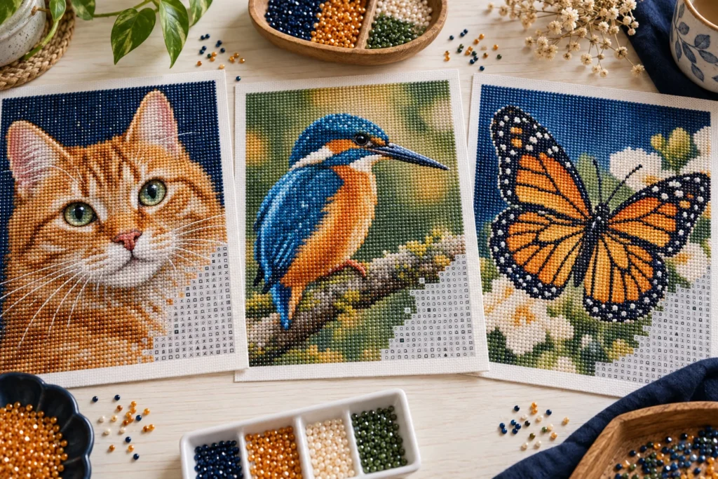 Illustratie van diamond painting dierenportretten met kat, vogel en vlinder