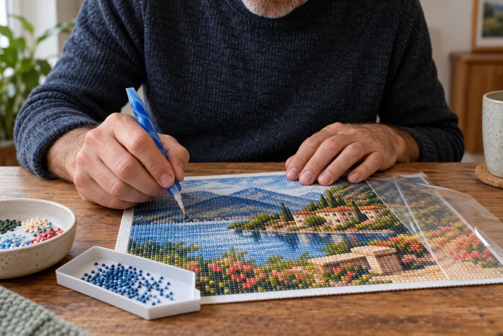 Een man legt steentjes op een landschap aan tafel