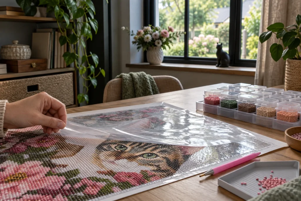 Een canvas met beschermfolie op een tafel uit direct zonlicht