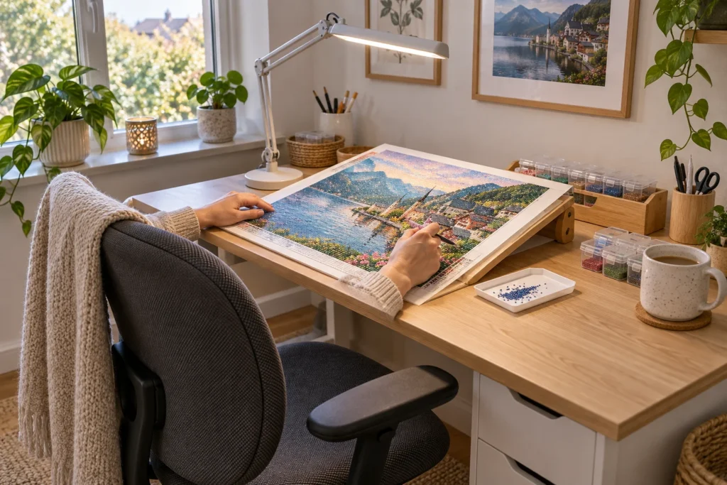 Een werktafel met schuin ondersteund canvas en verstelbare lamp