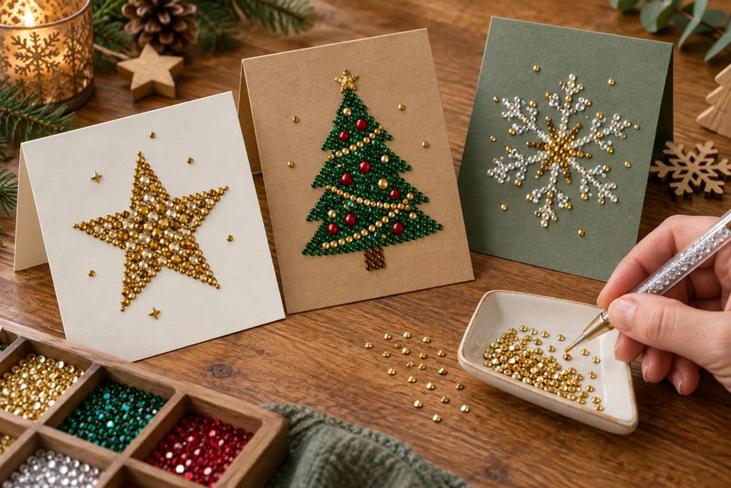 Drie kaarten met een ster, kerstboom en sneeuwvlok van steentjes