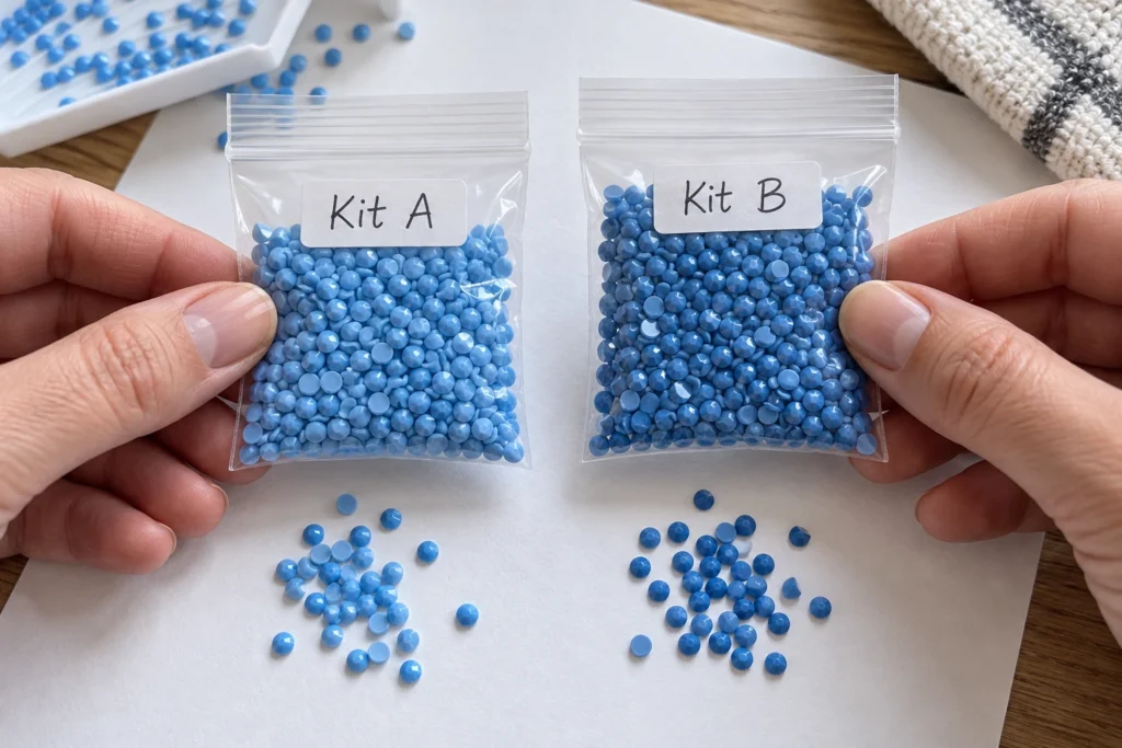 Twee zakjes blauwe steentjes met labels Kit A en Kit B