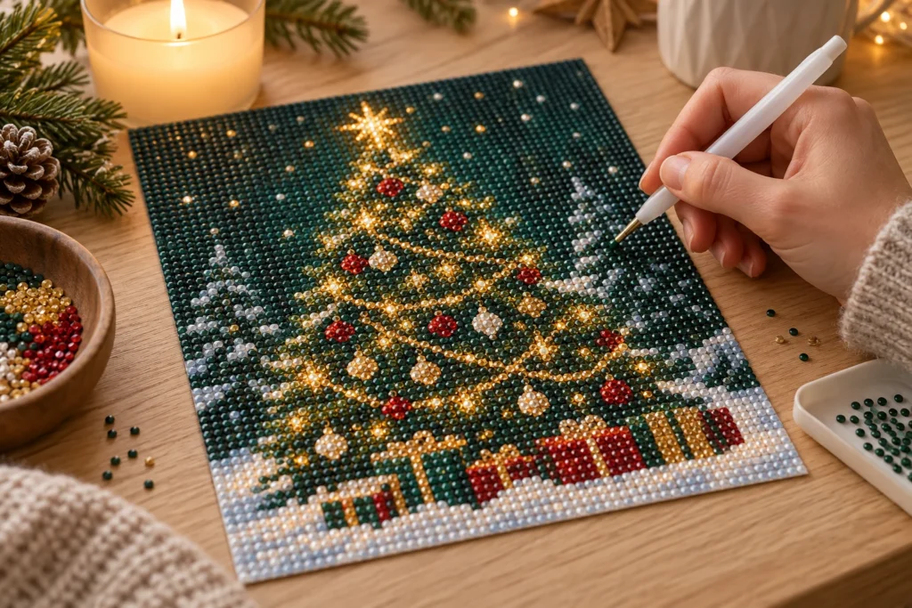 Een kerstboom opgebouwd uit glanzende steentjes