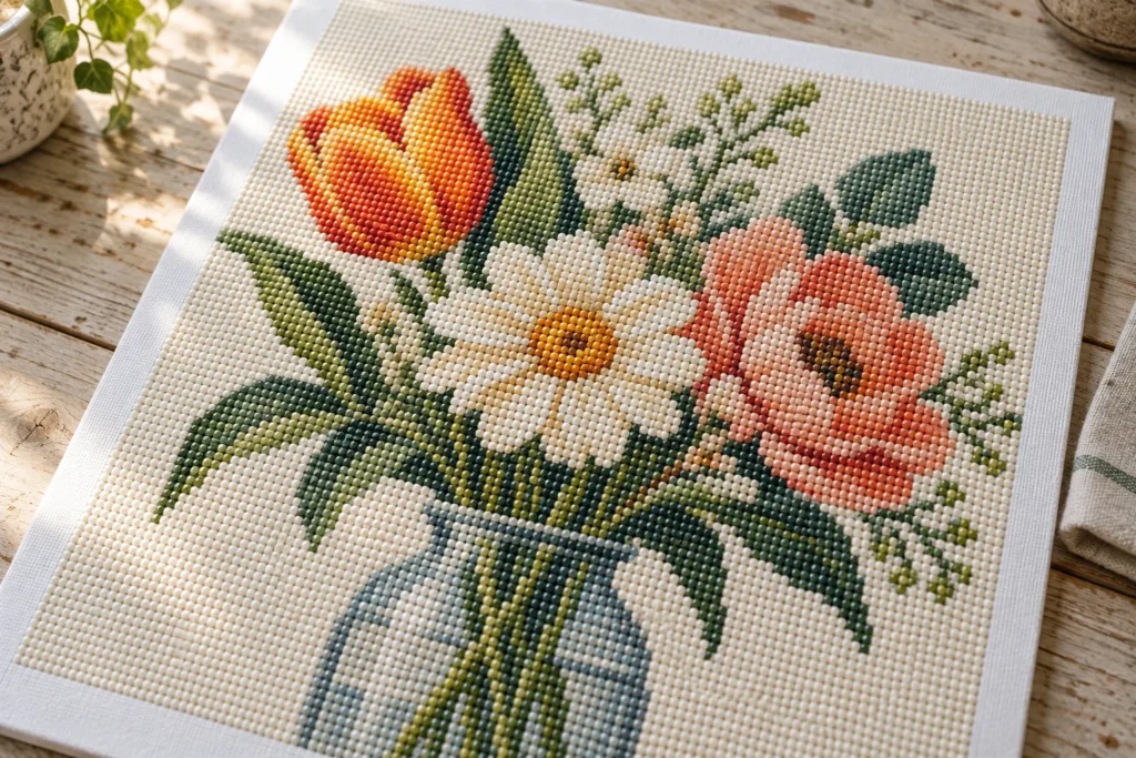 Illustratie van drie bloemen in een vaas met duidelijk gescheiden bloemvormen