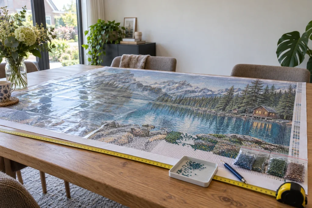 Groot diamond painting canvas vlak ondersteund op een tafel met meetlint