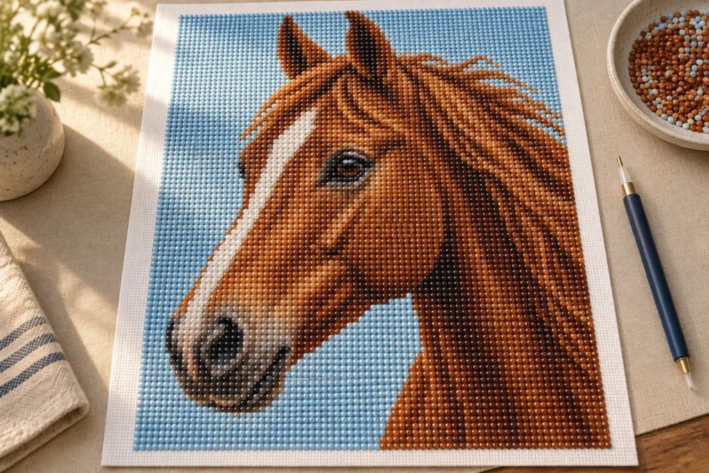 Illustratie van een paardenportret in steentjes met een herkenbaar oog en een lichte achtergrond
