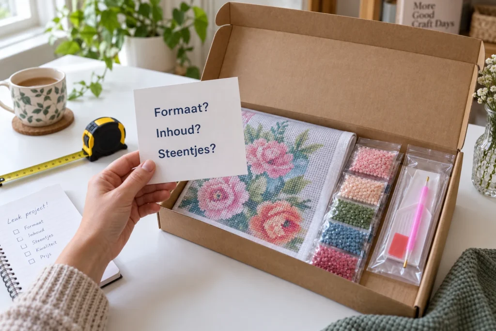 Voorbeeld van een geopende kit met controle op formaat, inhoud en steentjes