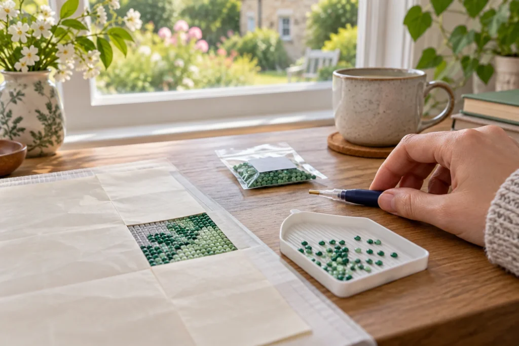 Een klein werkvlak met de rest van het diamond painting canvas afgedekt
