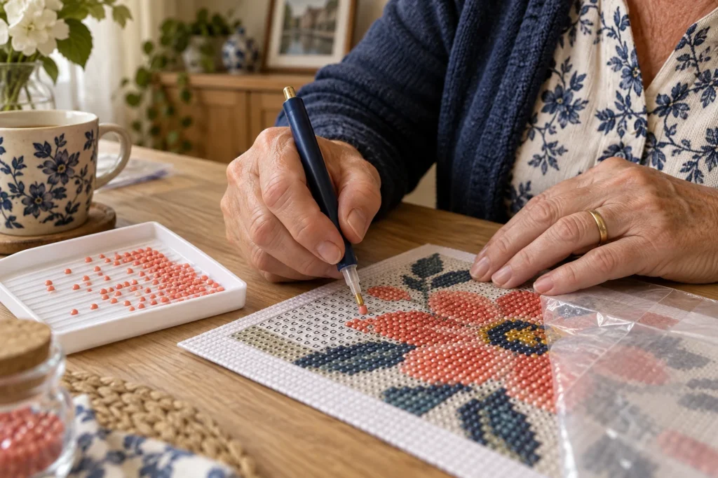 Samen een klein diamond painting werkvlak proberen aan tafel