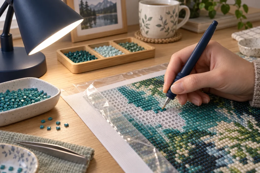 Lamp naast een diamond painting werkvlak voor zicht op de symbolen