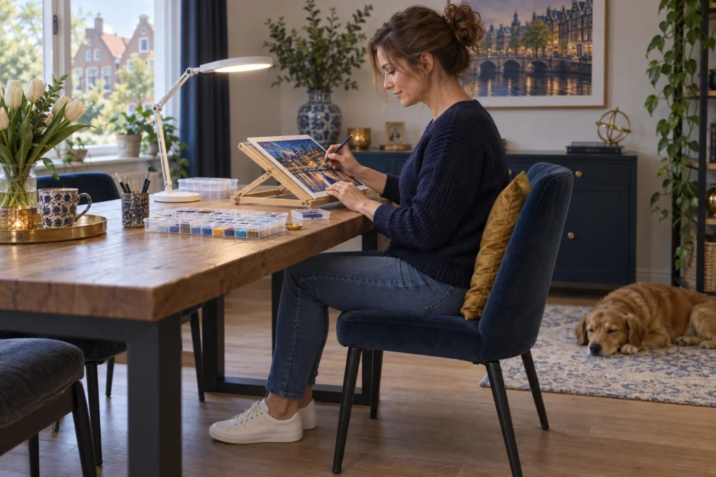 Diamond painting werkplek met ondersteund canvas en materiaal binnen bereik