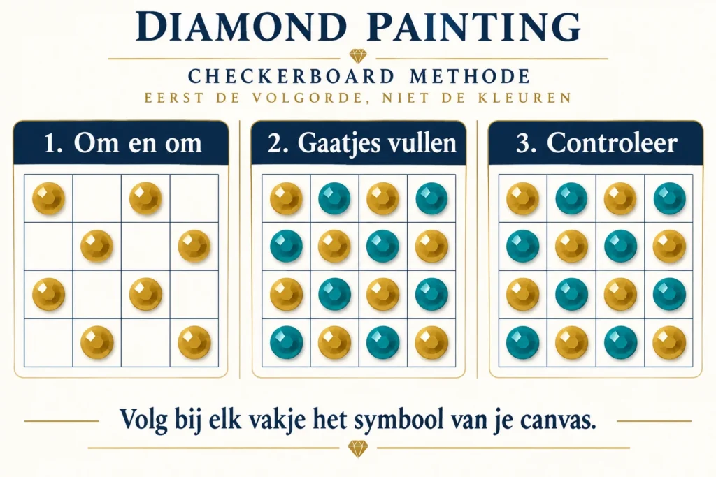 Dambordmethode: om en om plaatsen, lege vakjes vullen en uitlijning controleren