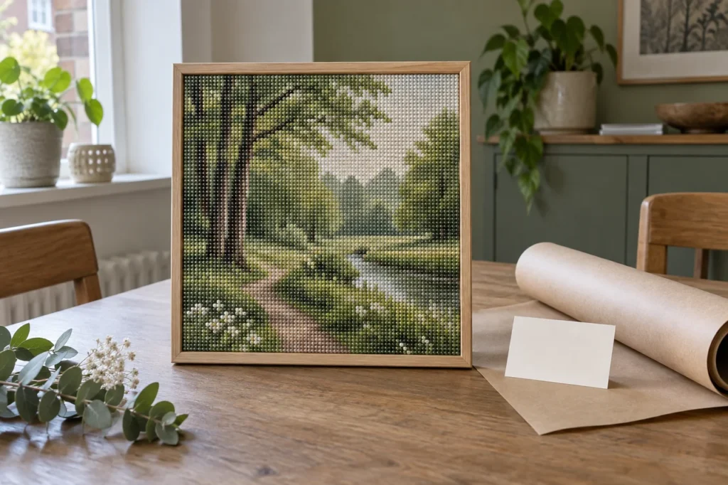 Afgewerkt en ingelijst diamond painting werk in een houten lijst op een tafel, met een leeg prijskaartje en inpakpapier ernaast