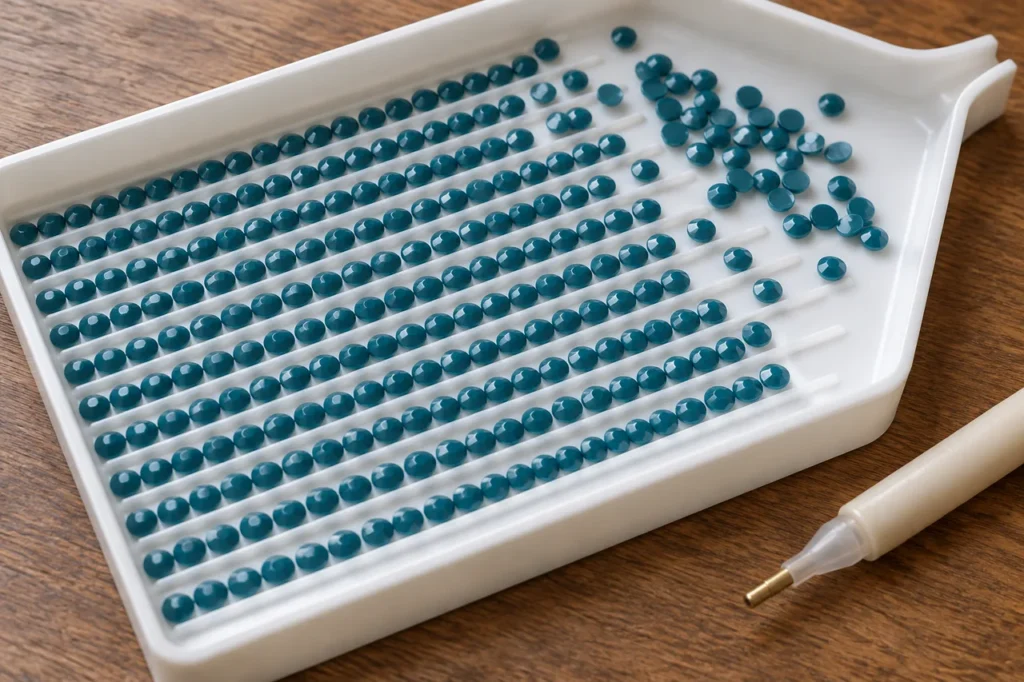 Rijen turquoise diamond-paintingsteentjes in een wit schudbakje