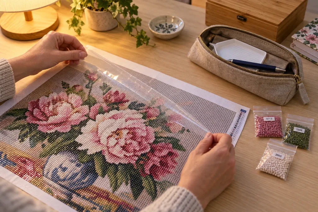 Beschermfolie terugleggen en gereedschap opbergen na diamond painting