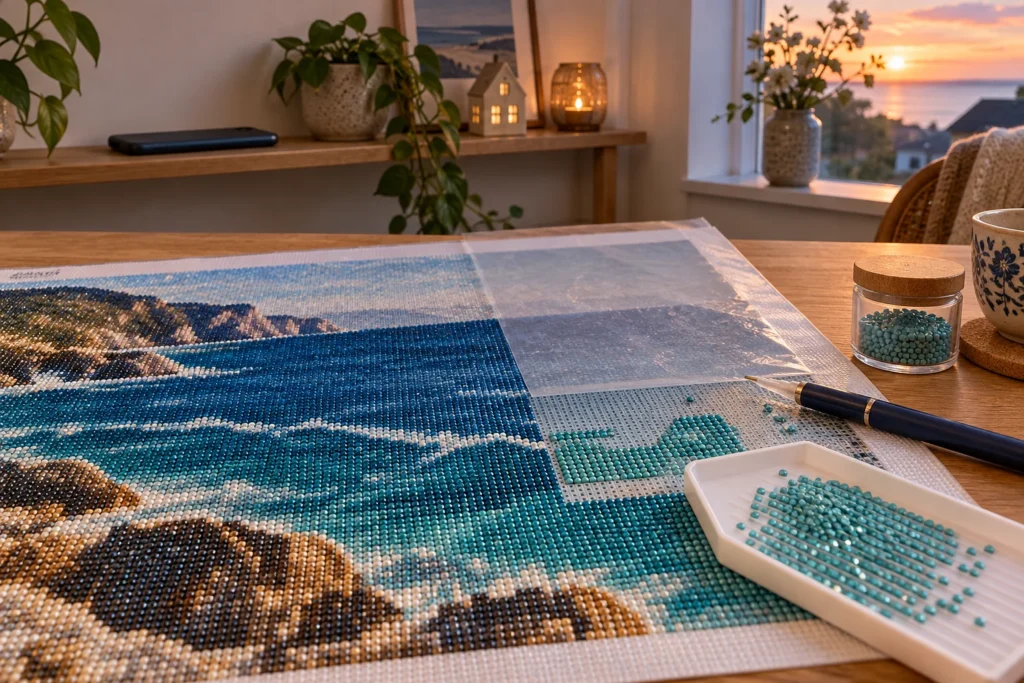 Diamond painting klaar op tafel, telefoon buiten handbereik