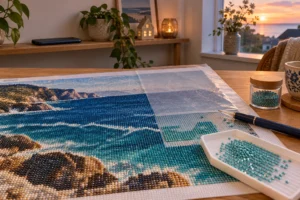 Diamond painting klaar op tafel, telefoon buiten handbereik