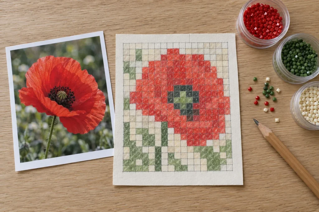 Eigen foto van een rode bloem naast een gerasterd diamond-paintingpatroon