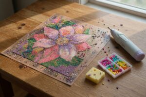 Elektrische diamond painting pen naast een half afgemaakt canvas met een bakje steentjes en wax