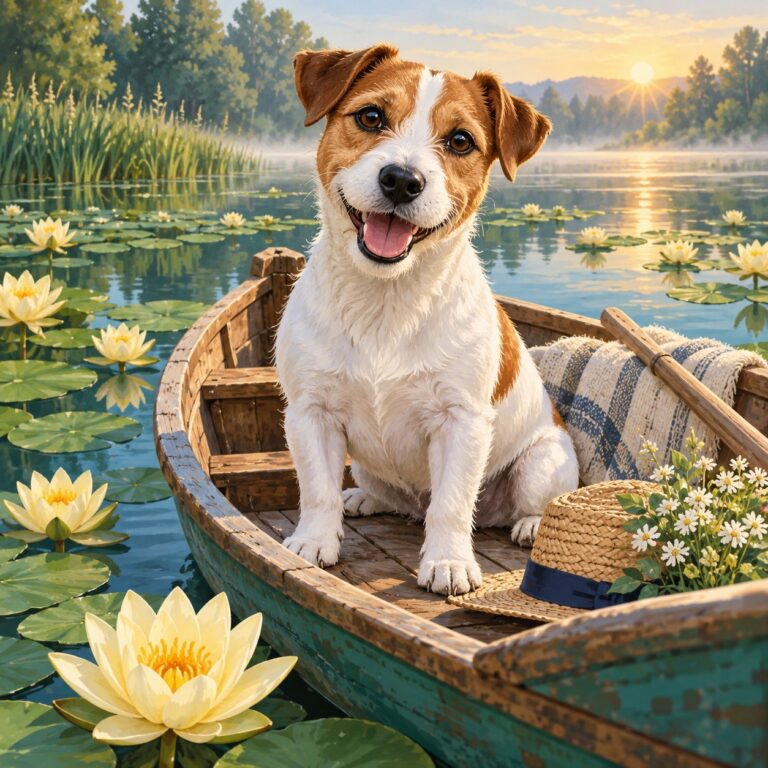 Ontwerp voor diamond painting: jack russell tussen waterlelies