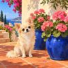 Ontwerp voor diamond painting: chihuahua bij blauwe bloempotten