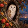 Ontwerp voor diamond painting: kerkuil in een boomgaard