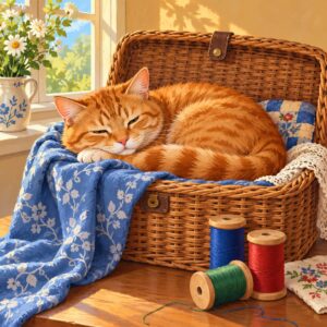 Ontwerp voor diamond painting: rode kat in een naaimand