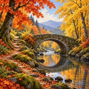 Ontwerp voor diamond painting: stenen brug in de herfst