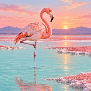 Ontwerp voor diamond painting: flamingo in een zoutlagune
