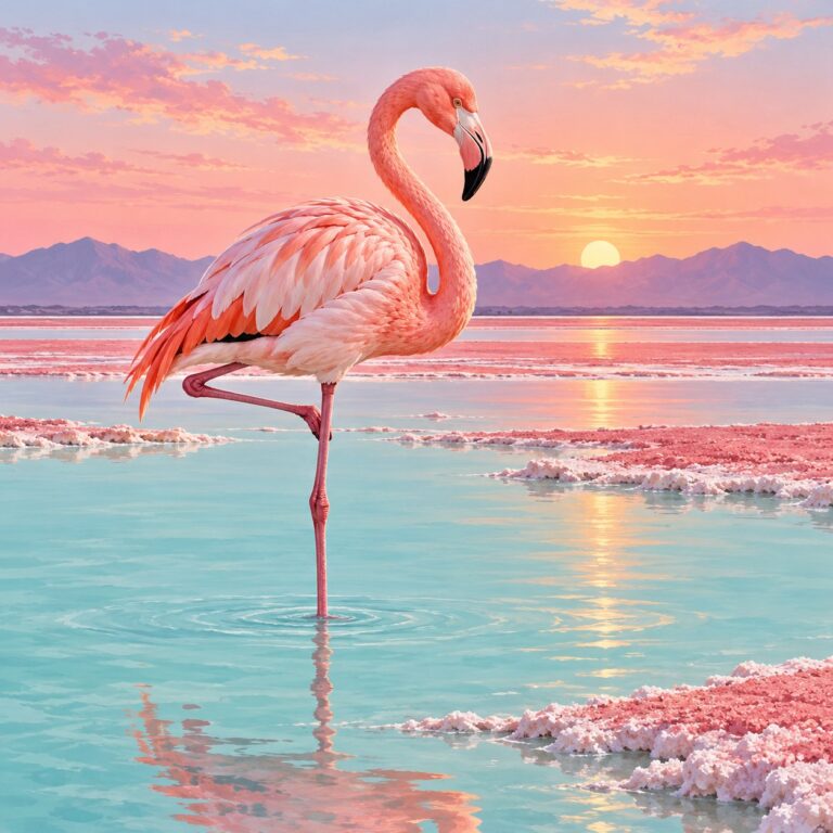 Ontwerp voor diamond painting: flamingo in een zoutlagune