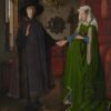 Arnolfini-portret van Jan van Eyck: een man met grote zwarte hoed en een vrouw in een groene jurk hand in hand, met een bolle spiegel en een hondje