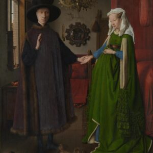 Arnolfini-portret van Jan van Eyck: een man met grote zwarte hoed en een vrouw in een groene jurk hand in hand, met een bolle spiegel en een hondje