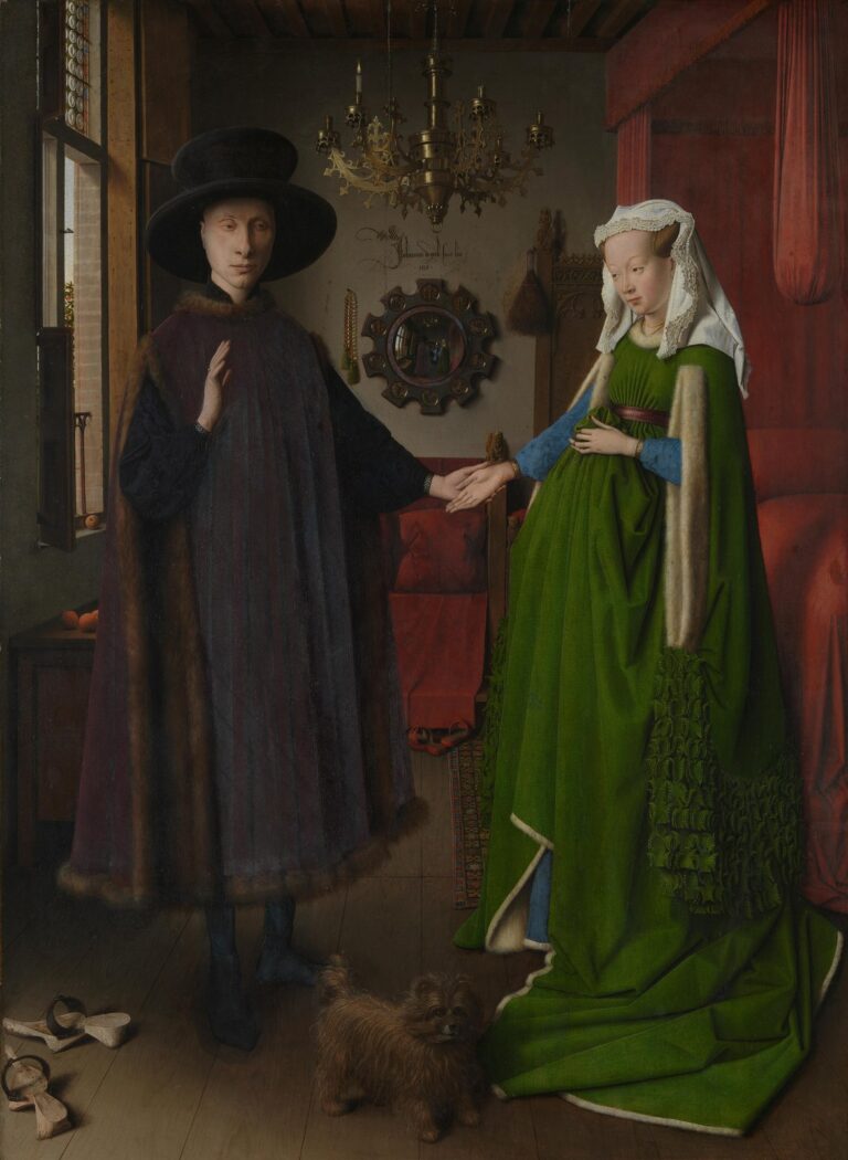 Arnolfini-portret van Jan van Eyck: een man met grote zwarte hoed en een vrouw in een groene jurk hand in hand, met een bolle spiegel en een hondje