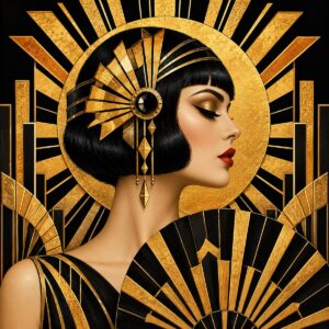 Diamond painting ontwerp: art-decoportret van een vrouw in profiel met zwarte bob, rode lippen, gouden waaierhoofdtooi en een gouden zonnestraal erachter