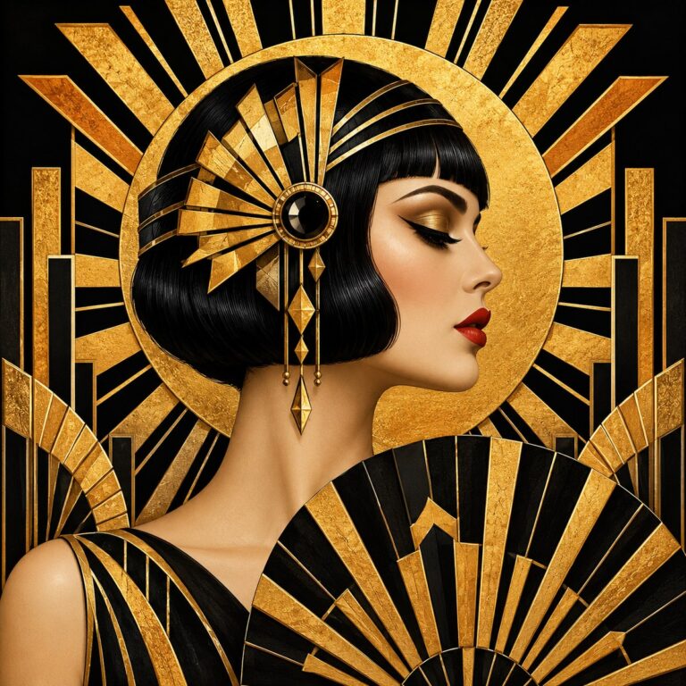 Diamond painting ontwerp: art-decoportret van een vrouw in profiel met zwarte bob, rode lippen, gouden waaierhoofdtooi en een gouden zonnestraal erachter