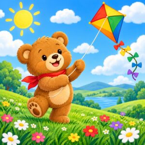 Diamond painting ontwerp: bruine teddybeer met rode sjaal die een kleurrijke vlieger oplaat op een groene heuvel met bloemen