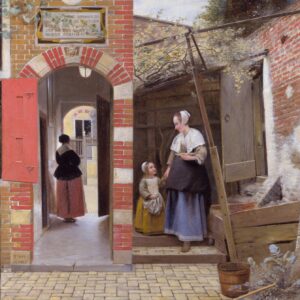 Binnenplaats van een huis in Delft van Pieter de Hooch: een vrouw en een meisje op een binnenplaats, met een doorkijk naar de straat